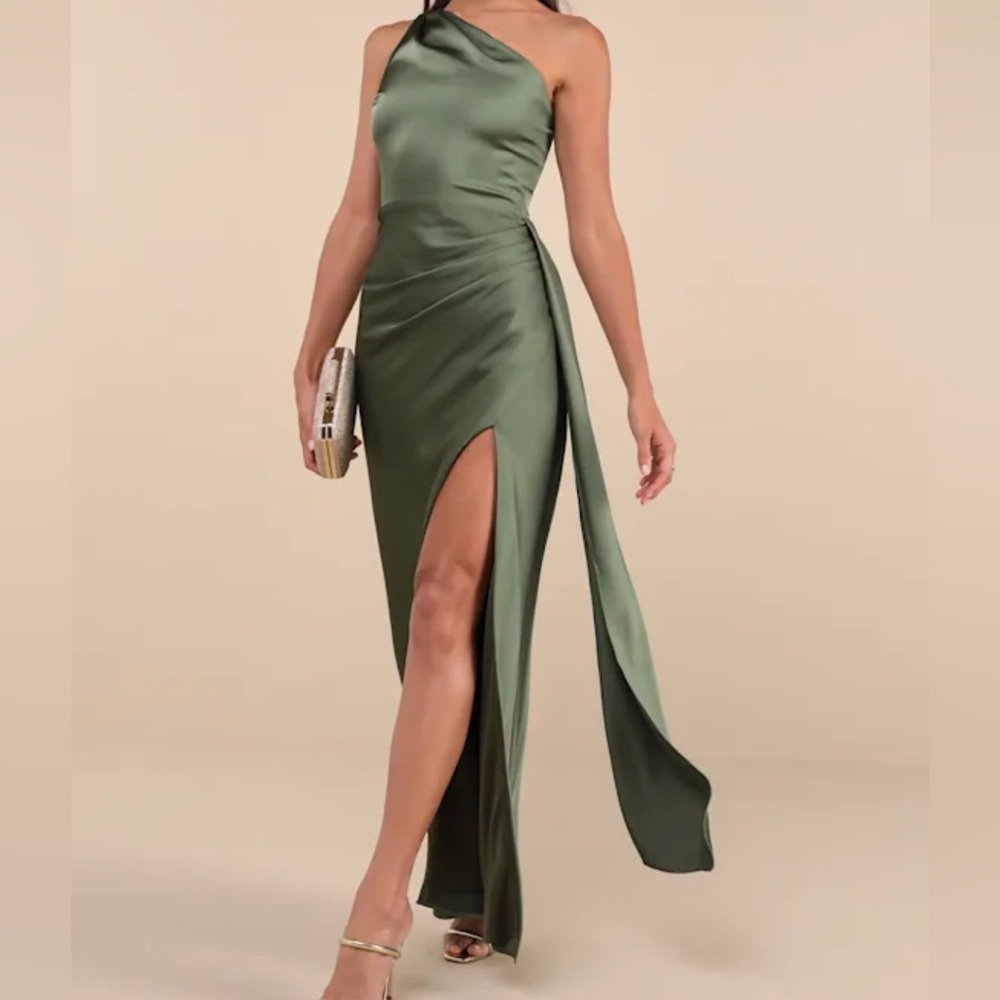 Lulu's One-Shoulder Satin Dress in Olive